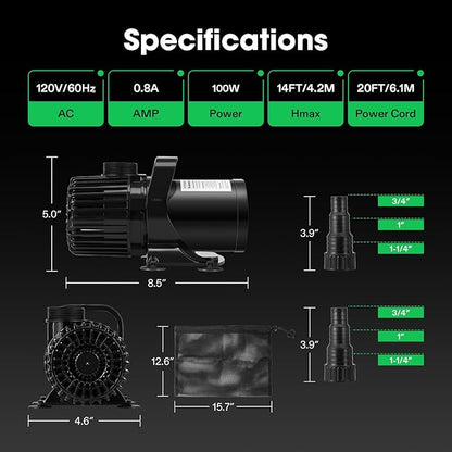 VIVOSUN 1600 GPH Submersible Water Pump with Barrier Bag, 100W Pond Pump, Ultra Quiet Aquarium Pump with 14FT. Lift Height for Pond, Waterfall, Fish Tank, Statuary, Hydroponic