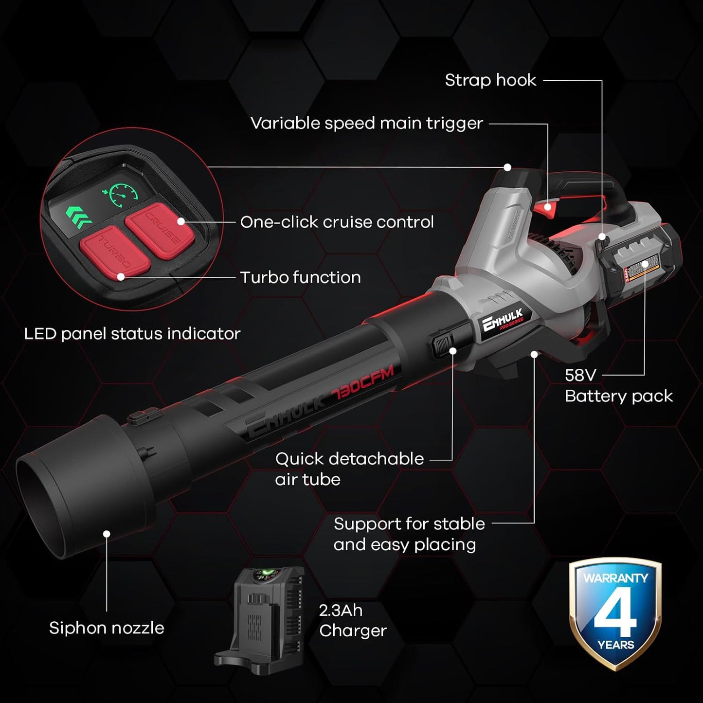 Enhulk 58V 730 CFM Leaf Blower, Brushless Motor, Cruise Control, Turbo Variable-Speeds, CoolBlast Tech, 2.5AH Battery and Charger Included