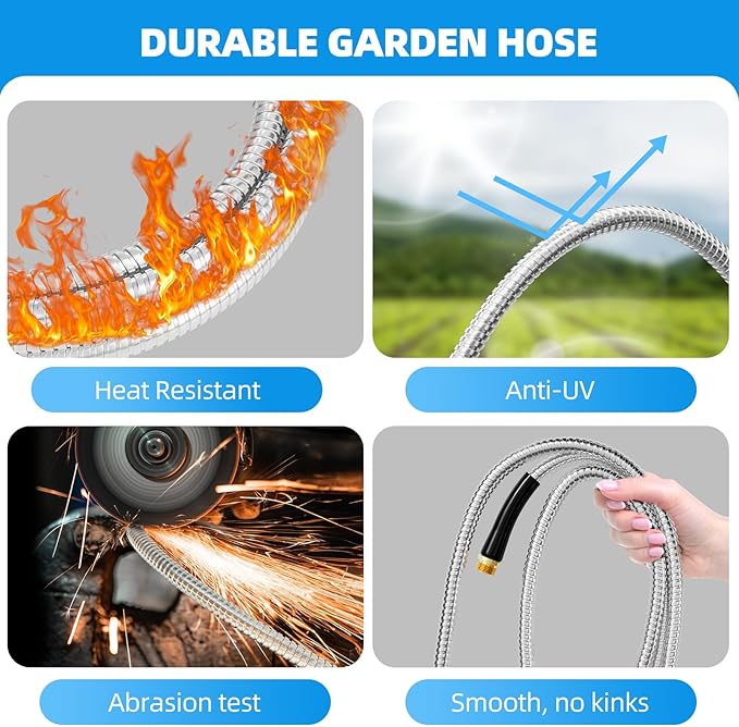 SPECILITE Stainless Steel Garden Water Hose 150 FT, Flexible and Lightweight Pipe, Non-Expandable Heavy Duty Metal Waterhose with Brass Fittings for Reel, Yard, Outdoor, Boat