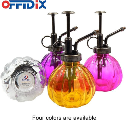 OFFIDIX Transparent Glass Watering Spray Bottle, 6.3 Inches Tall Vintage Style with Bronze Plastic Top Pump One Hand Plant Mister Glass Watering Can Indoor