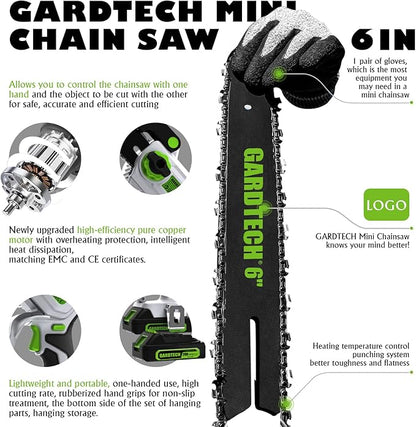 Gardtech Mini Chainsaw Cordless 6 Inch - Portable Electric Chainsaw Cordless Battery Powered, Handheld Small Chain Saw with 2-side Security Lock [Southpaws Friendly] for Wood Cutting, Pruning Branches