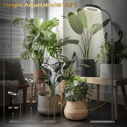 GLOWRIUM Grow Lights for Indoor Plants, 20W Full Spectrum LED Grow Light Floor Lamp with Stand Adjustable Height and Angle, Black Plant Light with 3/9/12H Grow Light Timer