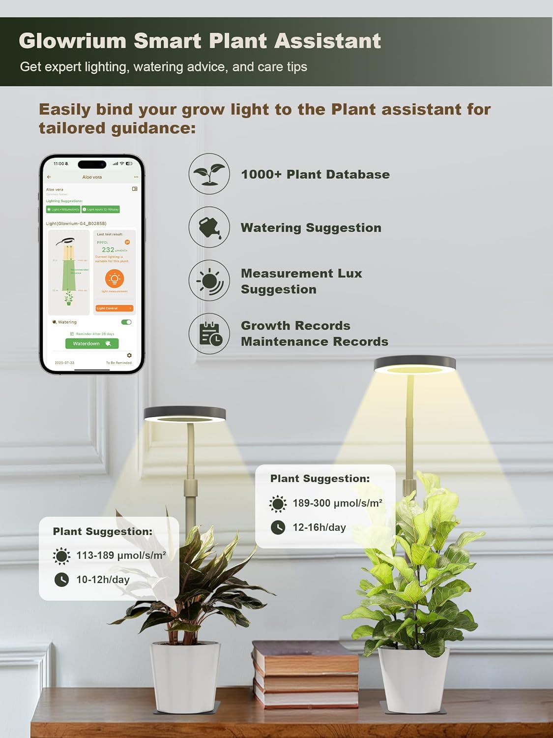 GLOWRIUM Smart LED Grow Lights for Indoor Plants, Desk Plant Light with Bluetooth App Control, 8W Full Spectrum Grow Lamp, Height Adjustable 16"-23", Auto Timer, Watering Reminder for Small Plants