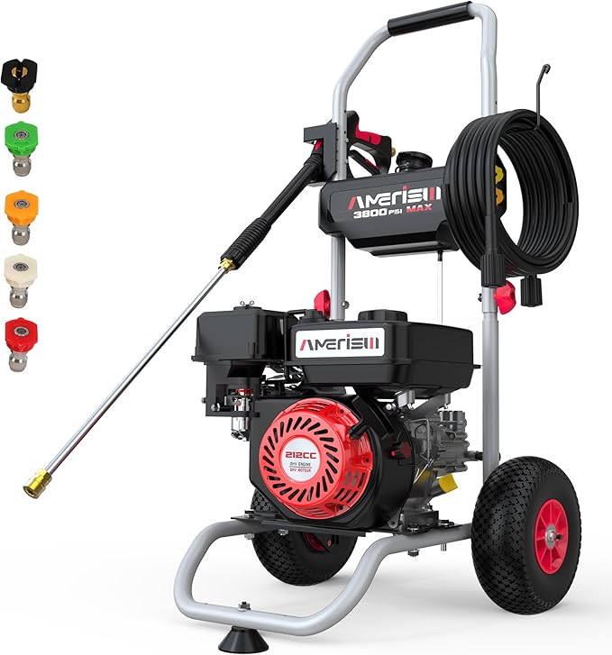Gas Pressure Washer MAX 3800 PSI, MAX 2.5 GPM, 212CC, with Onboard Soap Tank, Metal Spray Wand, 5 Nozzles for House Siding, Driveways, Cars