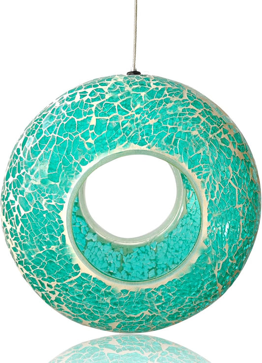 Mosaic Bird Feeder, Outside Hanging with Round Shape Glass BirdFeeders to Attract More Wild Birds, Mosaic Fly Through for Garden, Yard, Backyard, Deck and Porch Decor, Blue 7-Inch