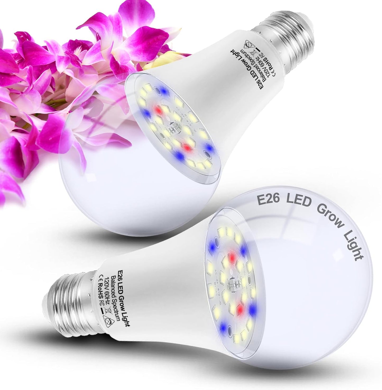 Full Spectrum Plant Grow Light Bulbs E26 A19 10W,Plant Growing Lamp Bulbs with Balanced Spectrum 5000K White Blue Red Yellow for Indoor Seeds Greens Laboratory Greenhouse Garden Hydroponic,2Pcs