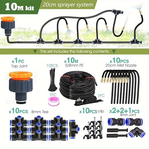 32.8FT/10M 1/4 Inch Tubing Drip Irrigation System Kit Automatic Garden Irrigation Equipment Adjustable Quick Connector Watering Misting for Outdoor Yard Lawn Raised Bed Greenhouse