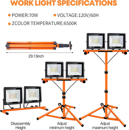 21000 Lumen Work Lights with Stand, 2 Adjustable Head LED Work Light, with Adjustable and Foldable Tripod Stand, Waterproof Lamp with Individual Switch with 6500 Kelvin Color Temperature