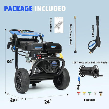 Gas Pressure Washer 3600PSI 2.3 GPM 212CC High Pressure Washers, 30FT Hose with Reel, Built-in Soap Tank, 5 Quick-Connect Nozzles, Axial Pump, Heavy Duty Gas Power Washer for Cars Driveways