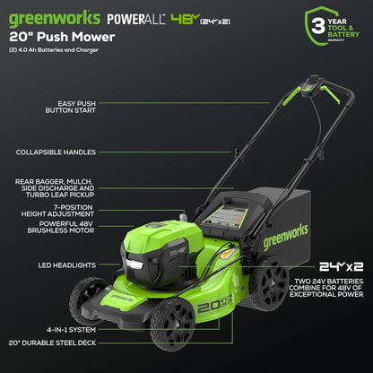 Greenworks 48V (24V x 2) 20" Brushless Cordless (Push) Lawn Mower (LED Headlight), (2) 4.0Ah Batteries and Dual Port Rapid Charger Included (150+ Compatible Tools)