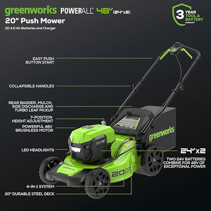 Greenworks 48V (24V x 2) 20" Brushless Cordless (Push) Lawn Mower (LED Headlight), (2) 4.0Ah Batteries and Dual Port Rapid Charger Included (150+ Compatible Tools)