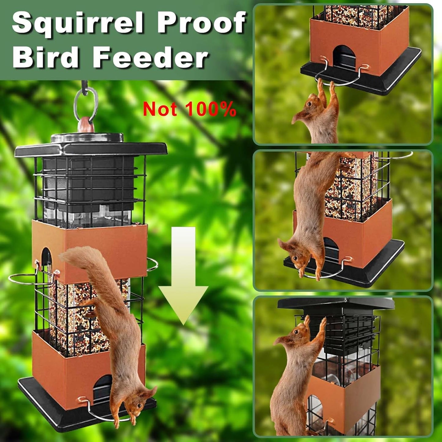 Squirrel Proof Bird Feeder, 3Lbs Bird Feeders for Outdoors Hanging, Metal Anti-Squirrel Birds Feeder with 4 Feeding Ports, Wild Birds Feeder for Cardinal, Finch, Sparrow (Brown)