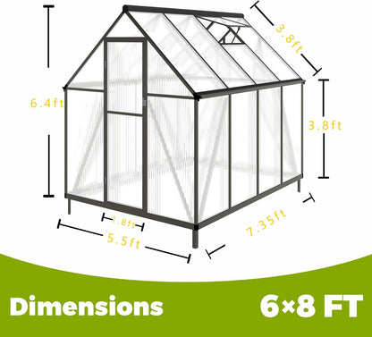 6 x 8 FT Greenhouse for Outdoors,Aluminum Large Walk-in Greenhouse,Dark Gray
