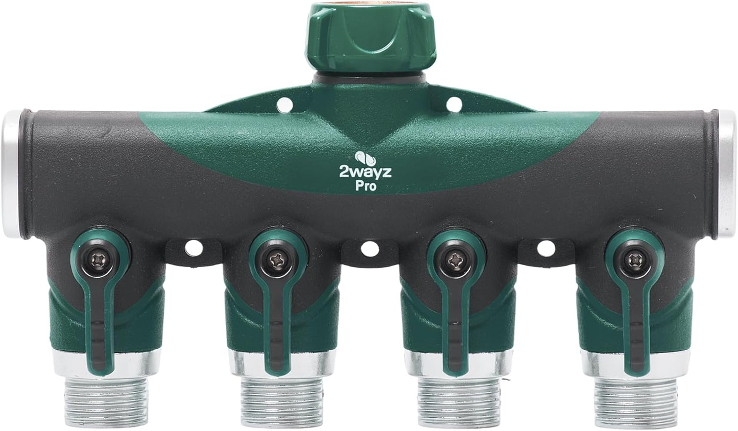 Garden Hose Splitter 4 Way - Heavy Duty Water Hose Manifold with Shut-Off Valves - Outdoor Faucet Divider and Spigot Connector for Garden, Lawn, or Patio Use - Durable Brass Pipe Splitter - Classic
