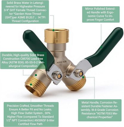 Brass Garden Hose Splitter 2 Way Heavy Duty Adapter, Y Splitter with Shutoff Valve Outdoor Faucet Splitter, 3/4 Inch GHT Thread Connection and Extended Handle Double Hose Bib Splitter