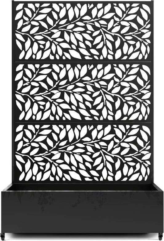 Raised Garden Bed with Trellis and Wheels,73"x47"x16" Metal Raised Garden Bed,Black Flowing Leaf-2 Metal Planter with Climbing Trellis for Vines & Vegetables