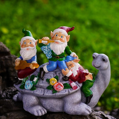 Upgraded Size Solar Garden Outdoor Statues Three Gnomes having party on turtle with 7 LED Solar Figurine for Lawn,Patio,Balcony,Yard Decor Unique Housewarming Gift, for grandfather, Father,Grandma,Wen