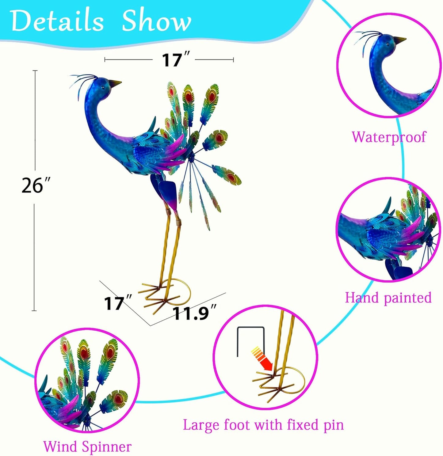 Metal Peacock Garden Statue, 36-Inch Iridescent Blue Purple Outdoor Sculpture, Decorative Lawn Art with Stand