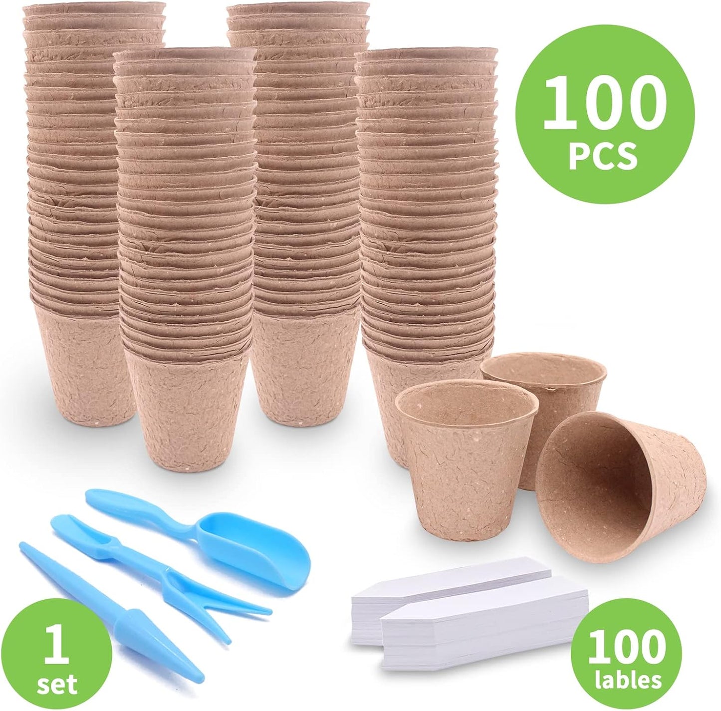 3T GROUP 100 Pack 3.15 Inch Mini Pots for Plants,Small Plant Pots,Biodegradable Compostable Flower Pots,Disposable Seed Seedling Pot Cups for Vegetables,Fruit with 100 Labels,Tool (100pcs)
