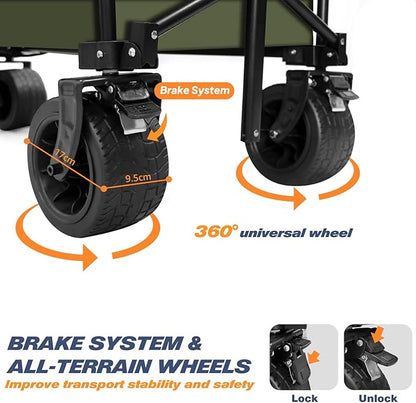 Chihee Garden Cart Collapsible Outdoor Utility Wagon Cart,Folding Beach Cart Oversized Capacity 254L,Heavy Duty Portable Wagon All Terrain Wheels Oversized Side Pocket 2 Drink Holders for Camping