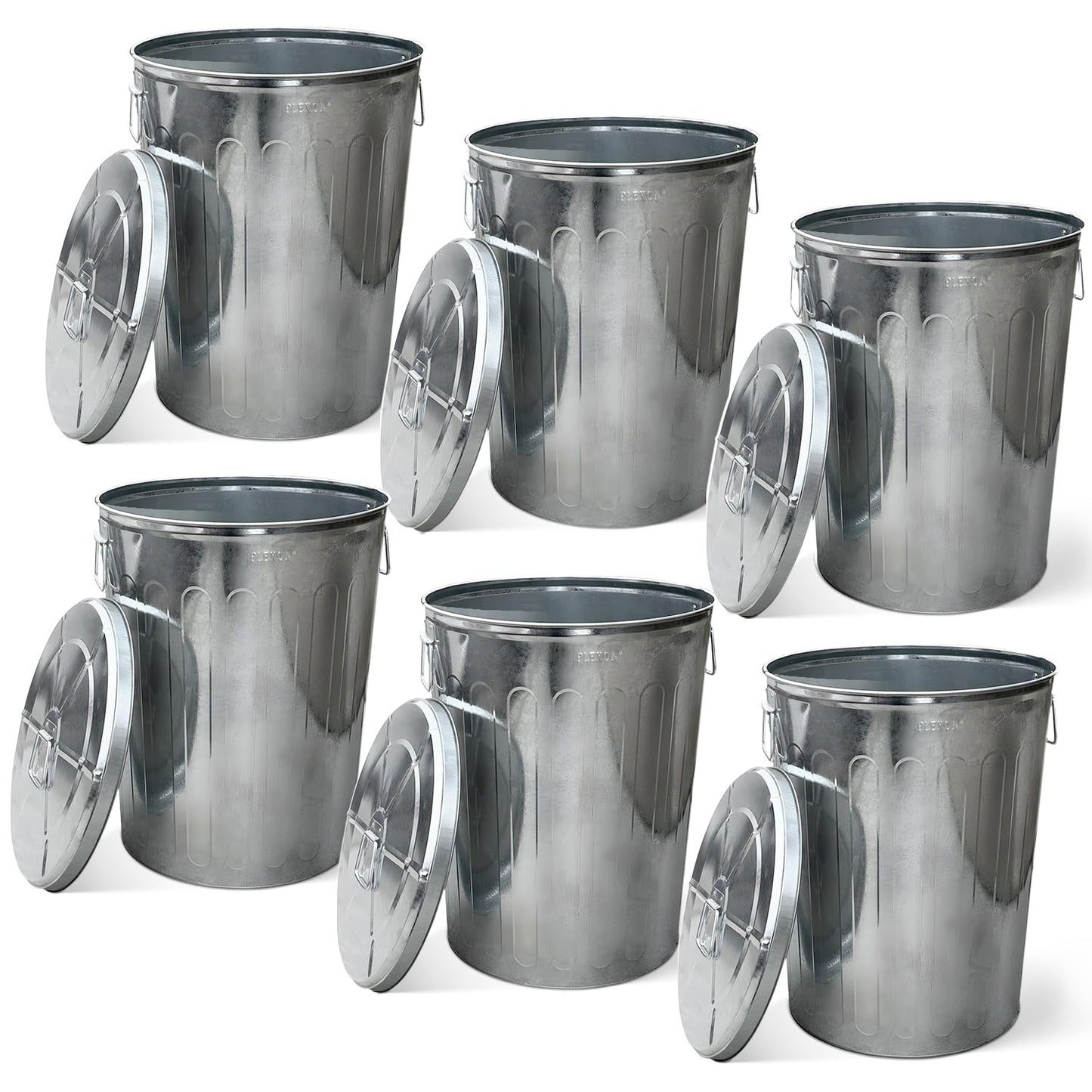 Plexon 20 Gallon Metal Trash Can with Lid Outdoor Galvanized Steel Large Garbage Can, 6 Pack