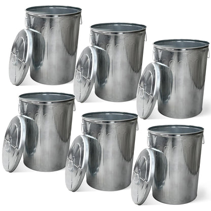 Plexon 20 Gallon Metal Trash Can with Lid Outdoor Galvanized Steel Large Garbage Can, 6 Pack