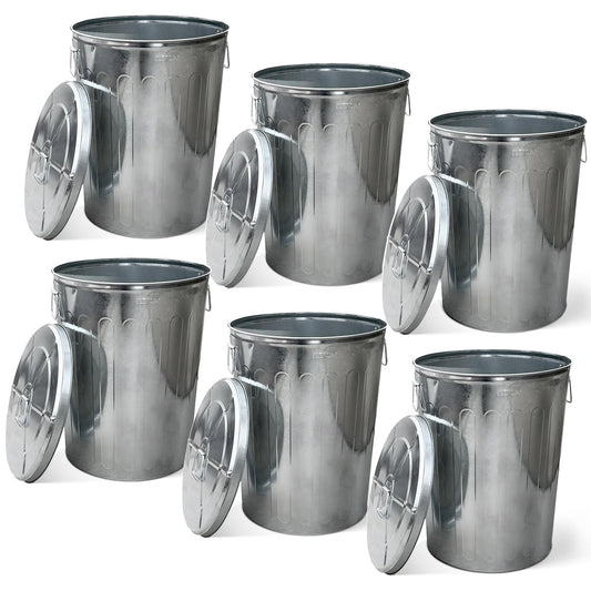 Plexon 20 Gallon Metal Trash Can with Lid Outdoor Galvanized Steel Large Garbage Can, 6 Pack
