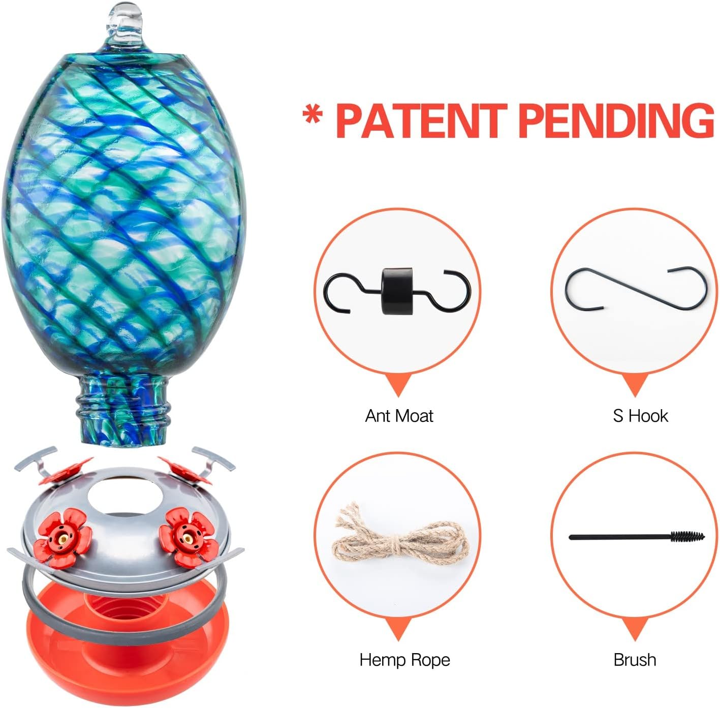 Muse Garden Glass Humming Bird Feeders for Outdoors - 27OZ Blown Glass Hummingbird Feeder - Unique Gift for Mom Women Grandparents, Outdoors Hanging Garden Decor, Ant Moat & Brush, Blue Mermaid