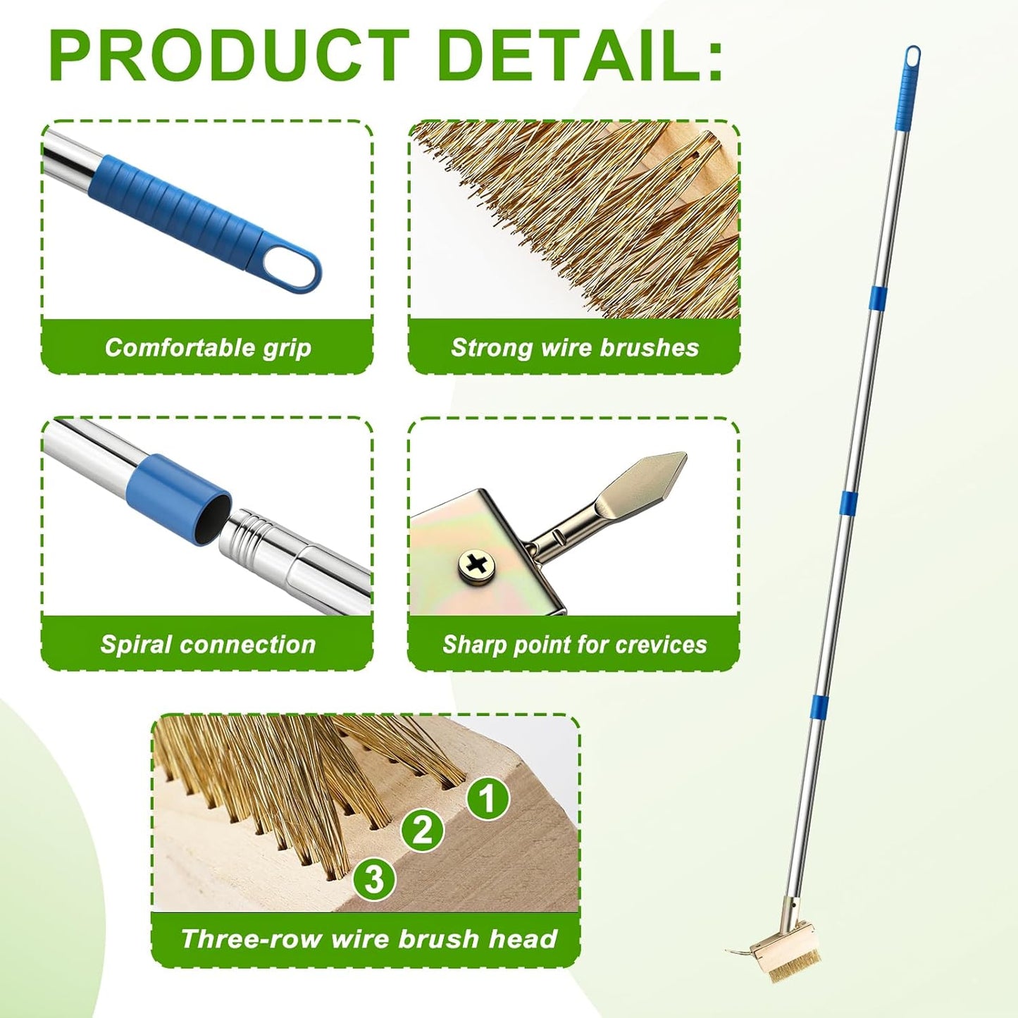 Moss Remover Brush Crack Weeder Tool Stainless Steel Crevice Weeder with 2 Brush Heads - Long Handle Weed Puller for Deck, Patio, Walkway, Driveway Crevice Cleaning Tool (Moss Remover Tool-2)