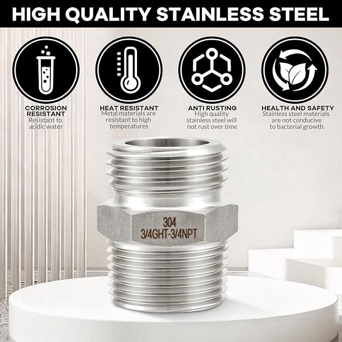 [2 Pack] 304 Stainless Steel Garden Hose Fittings Connectors Adapter Male 3/4”GHT × Male 3/4”NPT With Female 1/2" NPT, Garden Hose to Pipe Fittings Connect