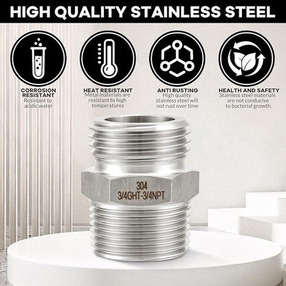 [2 Pack] 304 Stainless Steel Garden Hose Fittings Connectors Adapter Male 3/4”GHT × Male 3/4”NPT With Female 1/2" NPT, Garden Hose to Pipe Fittings Connect