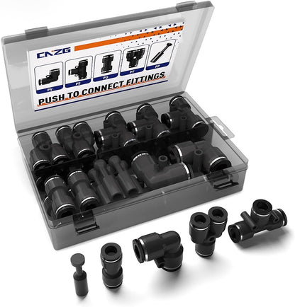 25pcs 1/2" Push to Connect Fittings, 1/2 inch OD Air Line Fittings Tee Pneumatic Air Hose Tubing Quick Connects Kit (T, Straights, Elbow, Splitters,Plugs)