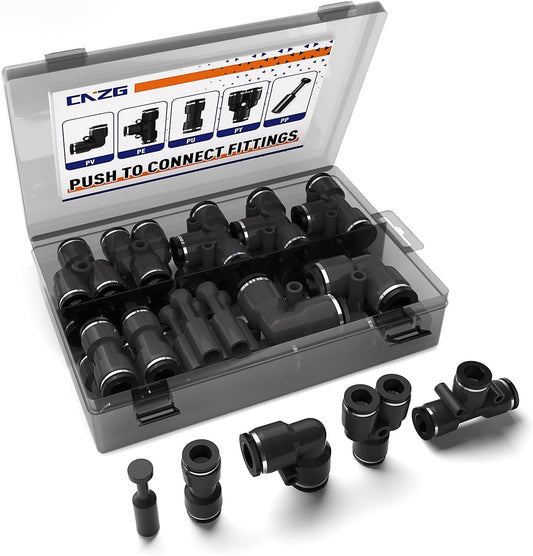 25pcs 1/2" Push to Connect Fittings, 1/2 inch OD Air Line Fittings Tee Pneumatic Air Hose Tubing Quick Connects Kit (T, Straights, Elbow, Splitters,Plugs)