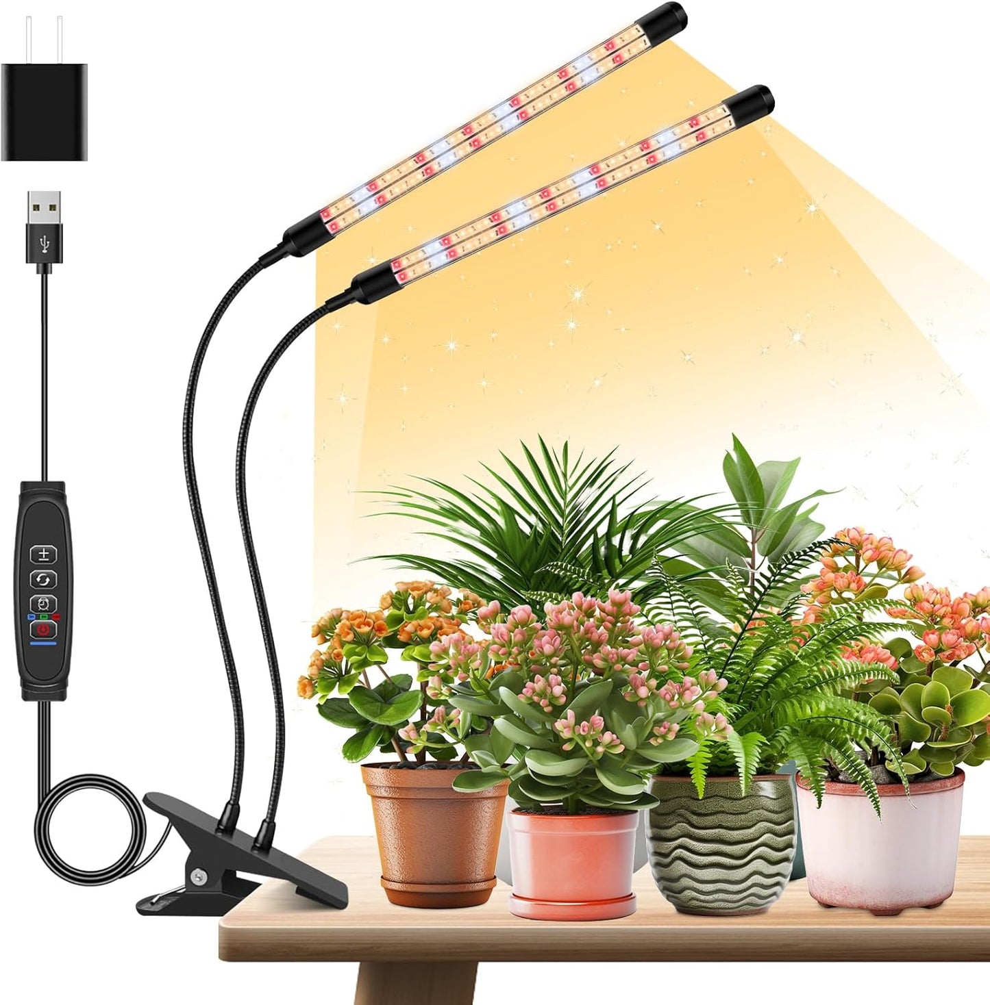 2 Heads Clip Grow Light with V-Shaped Design, Full Spectrum Grow Lights for Indoor Plants, Adjustable 360° Gooseneck Grow Lamp, 3/9/12H Timer & 10 Dimming Levels for Seed Starting