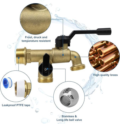 Outdoor Double Taps Water Faucet, Wall Mounted Garden Two 3/4 inch Brass Ball Valves Water Tap Splitter, Frost-Proof Outside Spigot Replacement with 2 Outlets for Home, Balcony, Hose Connector