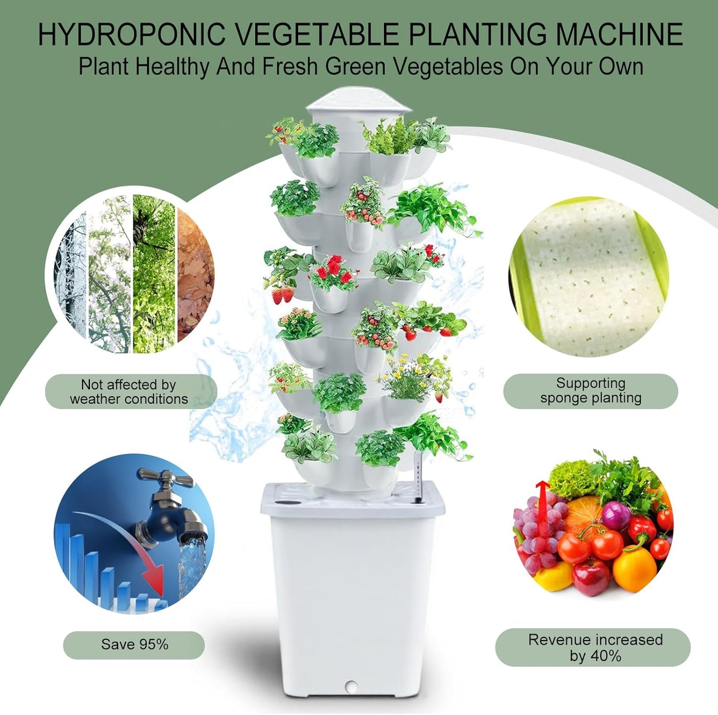 Hydroponics Tower Indoor Growing System Vertical Garden Planter Indoor Smart Garden Kit with Pump and Movable Water Tank Vegetable Plant Gift for Gardening Lover (White)