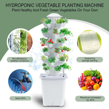 Hydroponics Tower Indoor Growing System Vertical Garden Planter Indoor Smart Garden Kit with Pump and Movable Water Tank Vegetable Plant Gift for Gardening Lover (White)