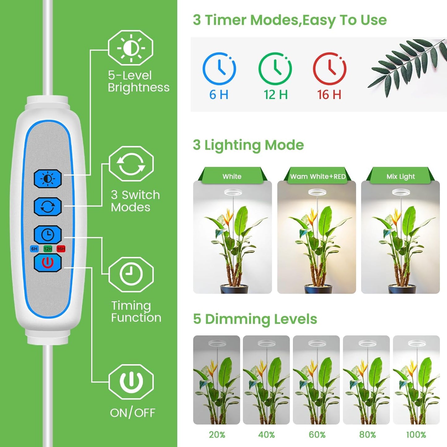 Grow Lights for Indoor Plants, 6000K Full Spectrum Plant Grow Lights, Height Adjustable 10"-65" Growing Lamp, Automatic Timer 6/12/16Hrs, 5-Level Dimmable, Idea for Large Plant, 2 Pack