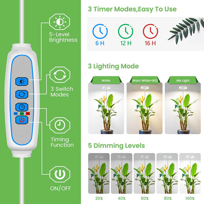 Grow Lights for Indoor Plants, 6000K Full Spectrum Plant Grow Lights, Height Adjustable 10"-65" Growing Lamp, Automatic Timer 6/12/16Hrs, 5-Level Dimmable, Idea for Large Plant, 2 Pack