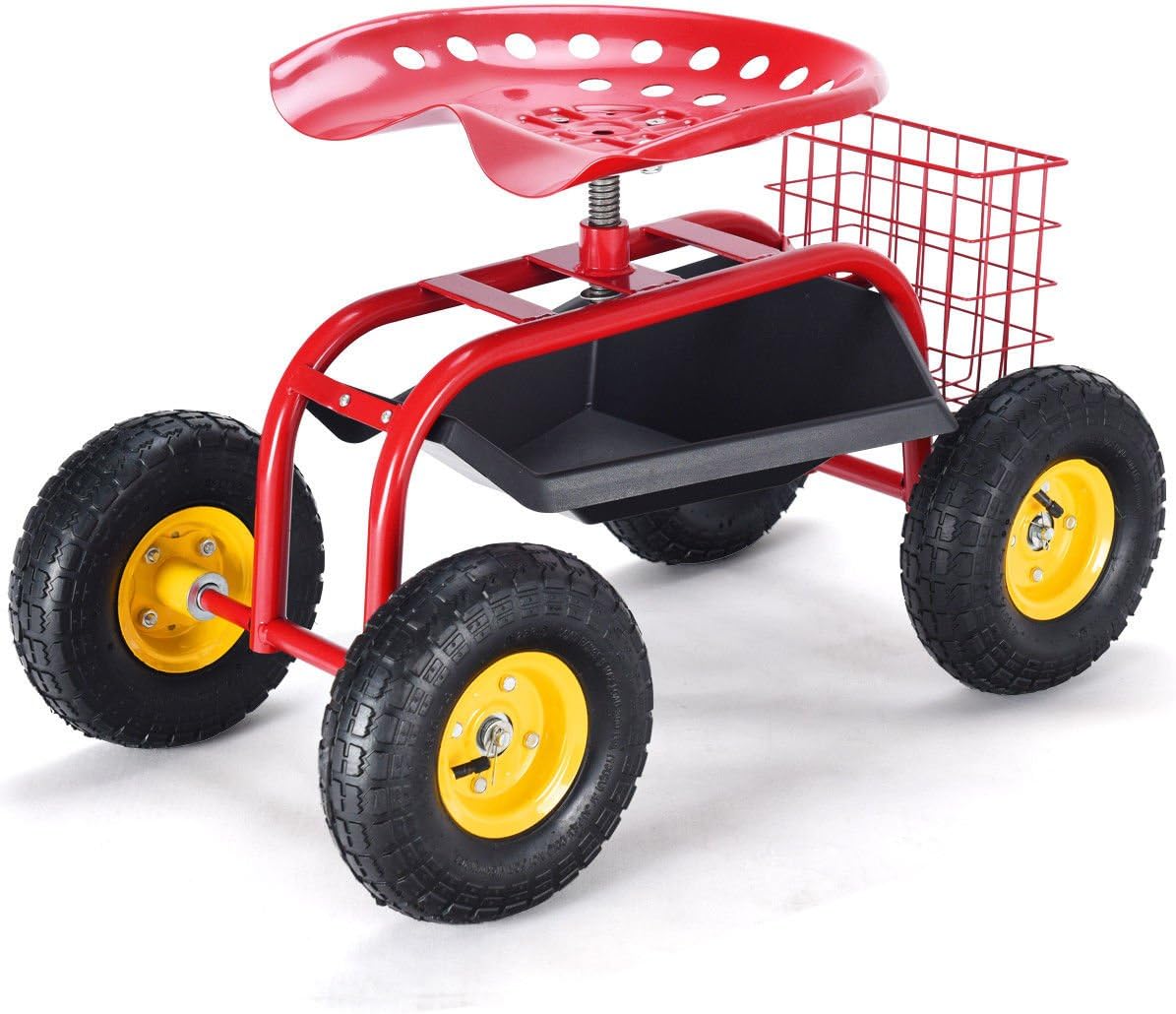 Giantex Rolling Garden Work Seat, 360 Swivel Gardening Workseat with Wheels, Tool Basket, Adjustable Height, Outdoor Scooter for Sitting, Gardening Stool Chair for Planting Trimming, Red