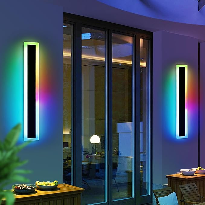 Widened 2 Pack RGB Outdoor Wall Lights, 23.6inch Long Dimmable Modern LED Wall Sconces, 10 Colors, 5 Modes, IP65 Waterproof Black Minimalist Lighting for Porch, Garage, Patio, Exterior House