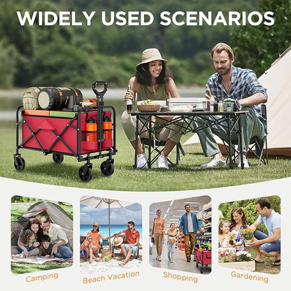 Collapsible Wagon Cart Foldable Beach Wagon with All-Terrain Wheels - 360 LBS Heavy Duty Grocery Cart for Shopping, Beach, Camping, Sports, Garden (Red)