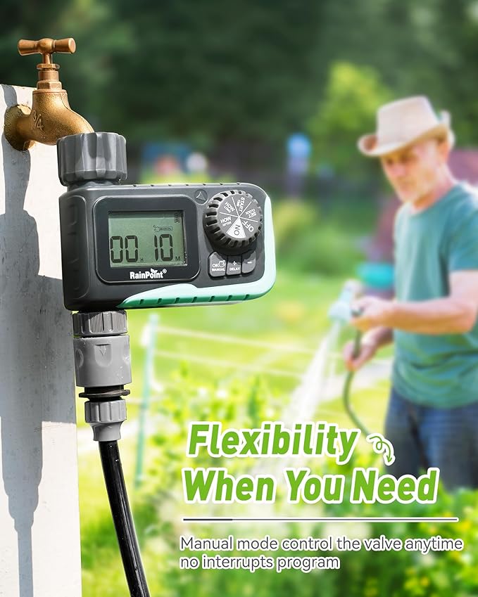 RAINPOINT Sprinkler Timer Outdoor, Water Timer for Garden Hose, Programmable Watering Irrigation Timer with Rain Delay/Manual, V2, 2024 Release(Plastic)