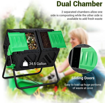 Goplus Compost Bin, Dual Chamber 34.5 Gal Compost Tumbler with 2 Rotating Chambers, Sliding Doors, High-Volume Outdoor Garden Composter, Rotating Composting Bin for Garden Yard, BPA Free
