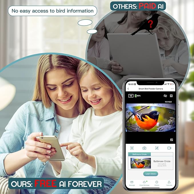 Bird Feeder with Camera-2K HD & Full Color Night Vision, Free AI Forever for 1,1000+ Species Identification, Solar Powered Wireless Outdoor, Includes 64GB TF Card, Two-Way Audio, App Alerts