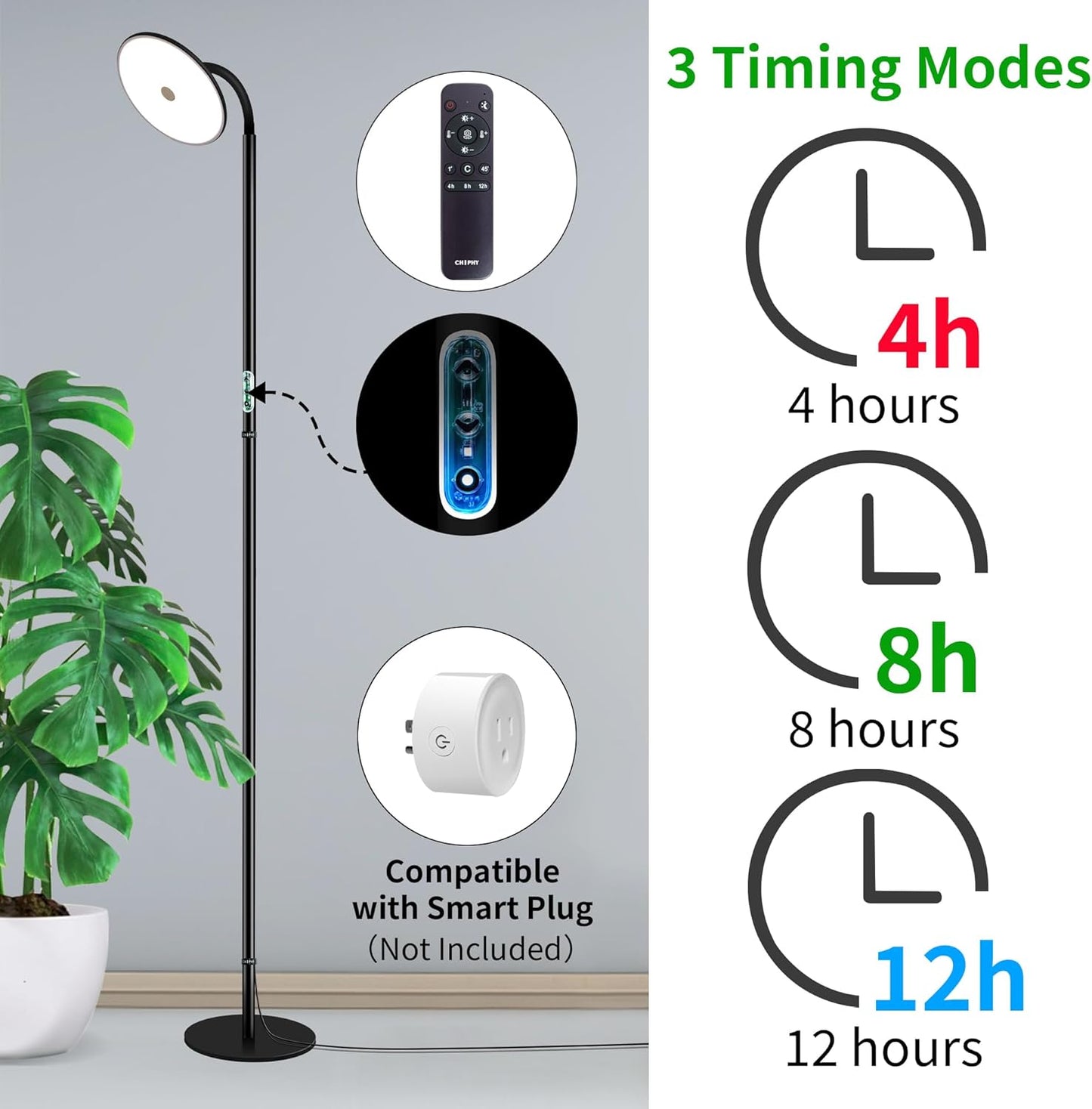 chiphy Grow Lamp, 40W Full Spectrum Grow Lights for Indoor Plants, 4H/8H/12H Timer, 2300K-6500K, 10 Dimmable Levels, 76''Height Adjustable, Remote Control, Ideal for Large Tall Plants