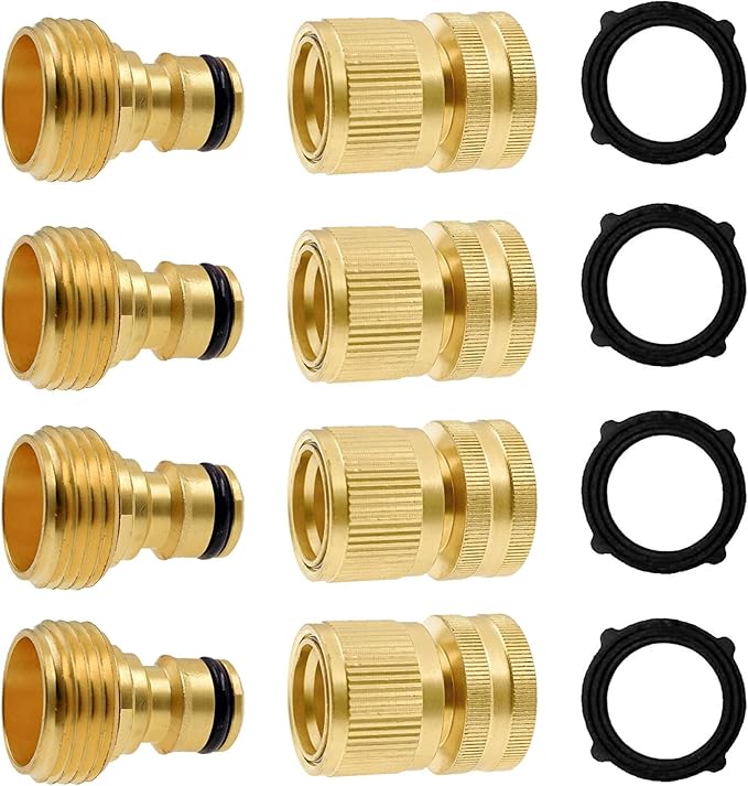 Hourleey Garden Hose Quick Connector, Solid Brass 3/4 Inch GHT Thread Garden Quick Connect Kit, Male and Female No-Leak Water Hose Fittings (4 Set)