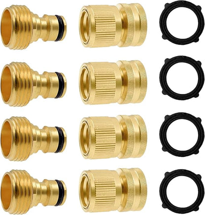 Hourleey Garden Hose Quick Connector, Solid Brass 3/4 Inch GHT Thread Garden Quick Connect Kit, Male and Female No-Leak Water Hose Fittings (4 Set)