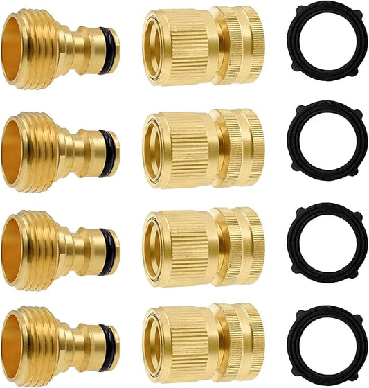 Hourleey Garden Hose Quick Connector, Solid Brass 3/4 Inch GHT Thread Garden Quick Connect Kit, Male and Female No-Leak Water Hose Fittings (4 Set)