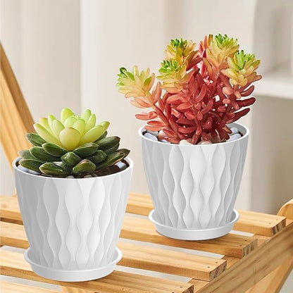 4 Inch Small Pots for Plants, 6 Pack Waffle Texture Small Plant Pots for Succulents, Plastic Planter with Drainage Holes and Saucers for Indoor Outdoor Plants, Flowers, Herbs, Seedlings, White